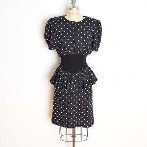 vintage 80s dress black white polka dot print peplum ruffle secretary puff M
